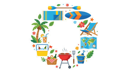 Fototapeta premium A colorful circular arrangement of summer and vacation icons including a palm tree, surfboard, and BBQ grill set against a white background.