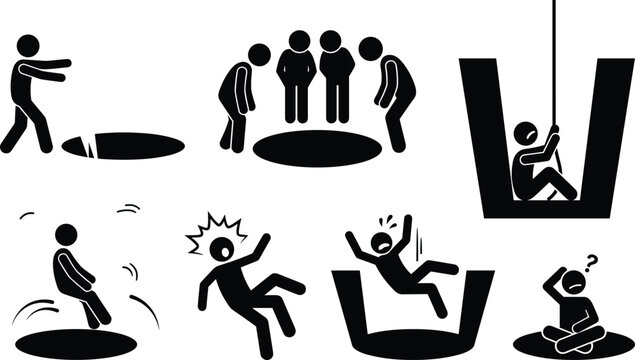 Stick Figure Icon Set Illustrating People Falling Into Holes Trap Pitfalls Business Failures Mistakes Risk Management Problems Rescue Operations and Danger Challenges