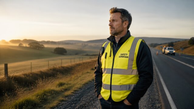 A male safety supervisor in a high-visibility yellow reflective vest stands on the shoulder of a road during sunset, overseeing a construction or traffic zone