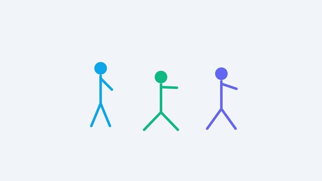Three colorful stick figures performing squats in a sequence.