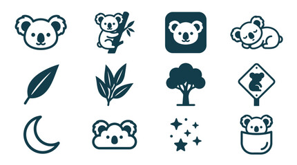 Set of 12 minimalist koala and nature vector icons in dark teal, including koala climbing tree, sleeping marsupial, eucalyptus leaves, moon, stars, and road sign isolated on white. © Latifatul