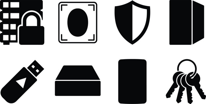 Set of data security and cyber protection icon silhouettes isolated on white background