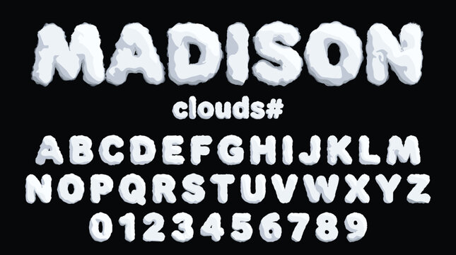 Fluffy white cloud font, cartoon sky alphabet and numbers vector set, soft cotton texture typography for children designs on black background