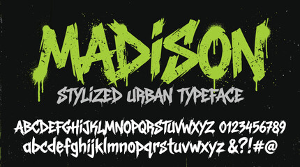 Madison stylized urban typeface with graffiti drip effect, neon green street art font vector, edgy grunge alphabet and numbers set © Iconify Studio