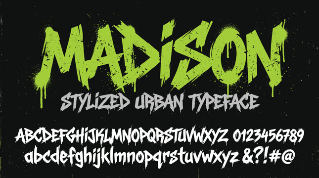Madison stylized urban typeface with graffiti drip effect, neon green street art font vector, edgy grunge alphabet and numbers set