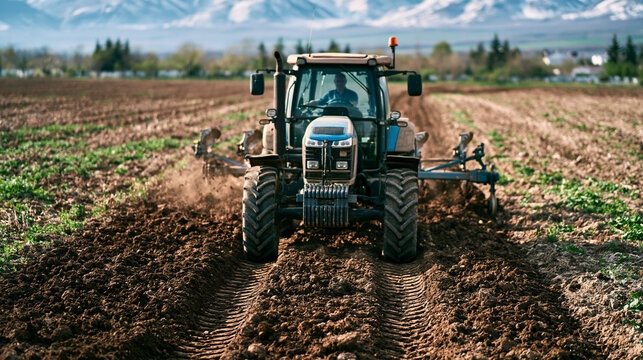 Tractor operating a plow, turning over dark soil in wide agricultural fields, performing essential cultivation work with modern farm machinery under a clear sky