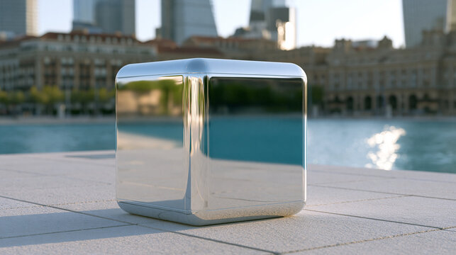 Shiny chrome cube sitting on a light tiled surface, prominently reflecting high rise buildings, historical structures, and the blue water of a major city
