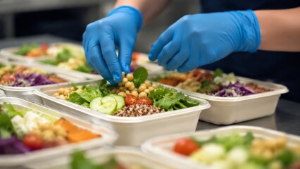 Obraz premium Closeup of gloved hands placing chickpeas and fresh salad ingredients into disposable meal prep containers on stainless steel countertop, bright natural colors, shallow depth of field focusing on