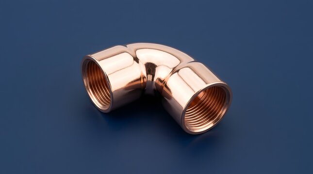 Shiny polished copper elbow pipe fitting with threaded interior segments resting on a smooth dark blue surface for plumbing construction