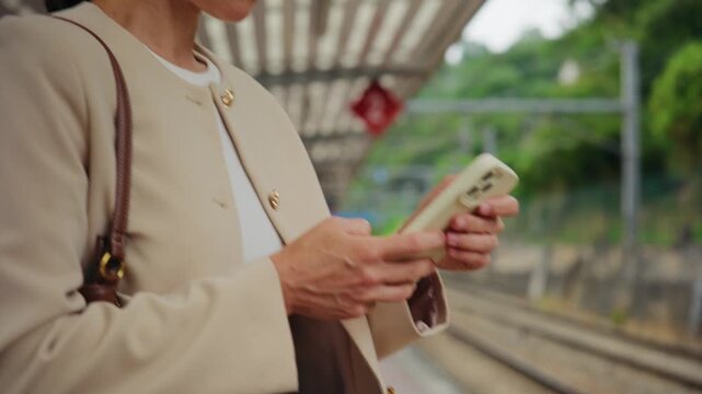 A focused woman in business attire stands on a train station platform, attentively using her smartphone while waiting for her commute.