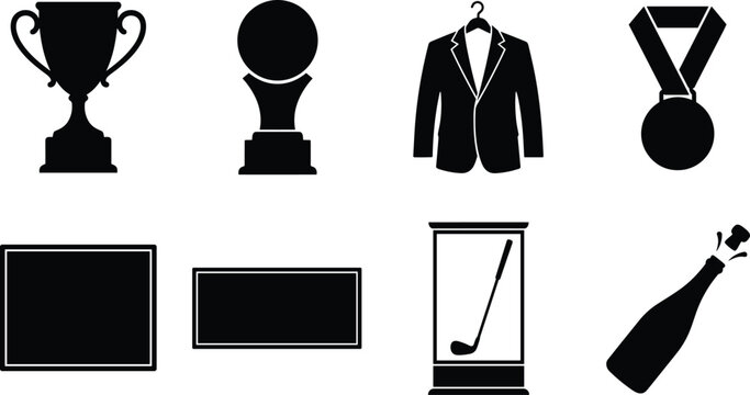 Set of golf tournament award and championship achievement icons in silhouette style