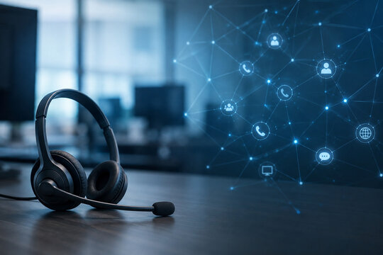 Technology background for call center services with headset silhouette