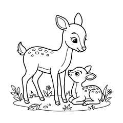 Cute deer mom and baby fawn in forest glade cartoon outline vector illustration isolated white background. © Shamim Studio
