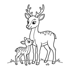 Cute deer mom and baby fawn standing in forest glade cartoon outline vector isolated white background. © Shamim Studio