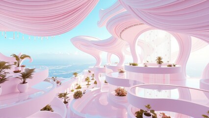 Fototapeta premium Futuristic pink architecture overlooks ocean views. Soft lighting creates dreamy, surreal atmosphere. Plants accent flowing design elements.