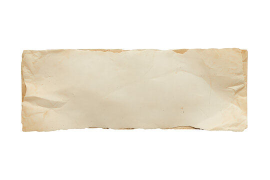 Torn old paper rectangle with wrinkled surface, rough edges, vintage aged texture, and transparent background