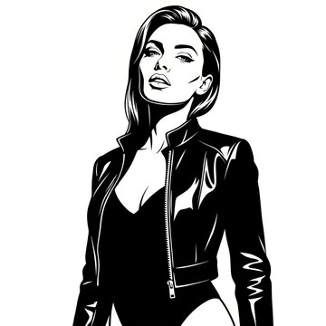 Beautiful Woman in Leather Jacket and Bodysuit &ndash; Noir Fashion Ink Portrait