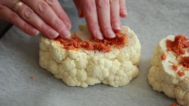Woman Hand Spreading Fresh Herb and Parmesan Paste on Raw Cauliflower Slice Close Up