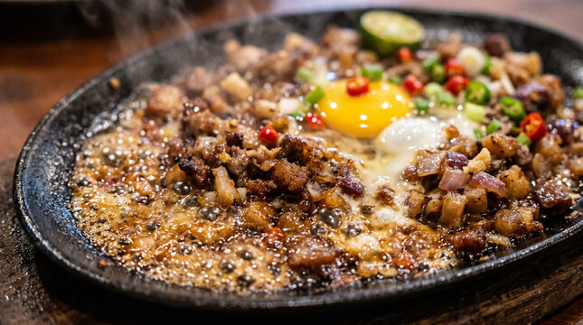 Sisig, sizzling dish close up