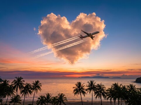 Airplane flying through heart shaped cloud over tropical beach at sunset.
