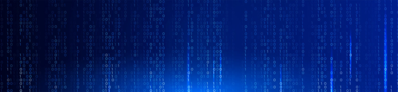 Blue Binary Code Background Glowing Digital Data Stream for AI Coding, Data Encryption, Cybersecurity, Software Engineering, Cloud Code Computing. Digital Transformation Technology Vector Backdrop