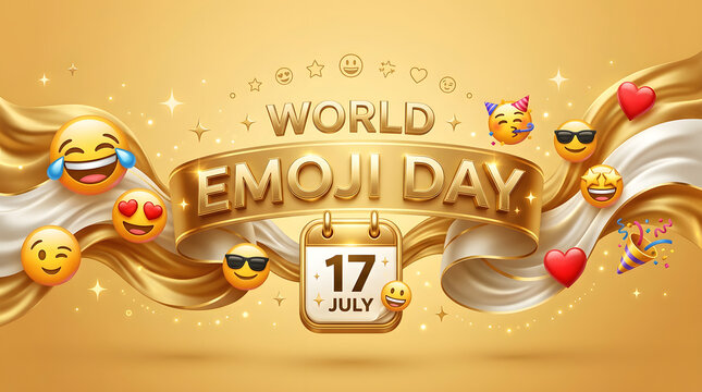 Elegant world emoji day header with 17 july calendar and golden ribbon elements calendar emoticons