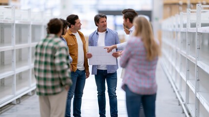 Fototapeta premium Team discussing plans in empty warehouse