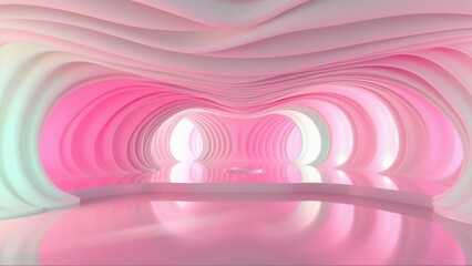 Fototapeta premium Abstract tunnel, pink hues dominate. Smooth curves create illusion depth, reflective surface adds visual interest. Modern design, futuristic aesthetic.
