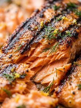 Close-up of a perfectly grilled salmon fillet served on a plate, seasoned with fresh dill, sea salt, and lemon zest for a gourmet autumn dish.