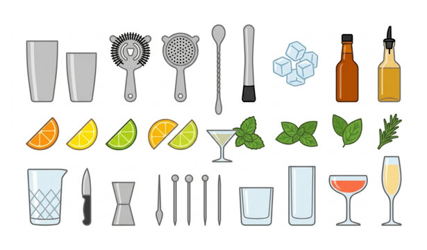Cocktail Preparation Icon Set Featuring Professional Bar Tools Glassware Ingredients and Garnish Elements in Flat Vector Style for Beverage Design