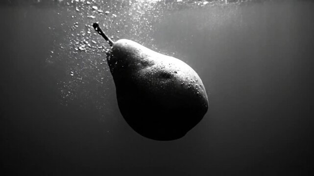 Black and white slow motion video of a pear plunging underwater creating bubbles with a dark background