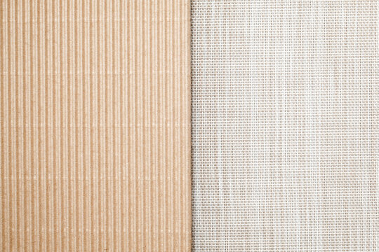 Corrugated Cardboard and Plastic Table Placemat Texture Background Split Composition Natural Packaging and Dining Surface