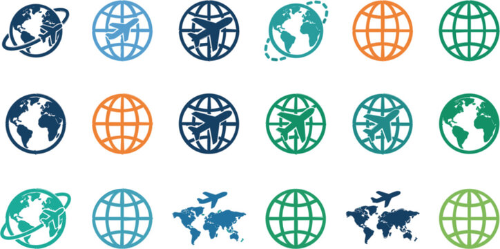 Black line art globe icons vector collection with minimalist travel symbols and elegant aviation wireframes