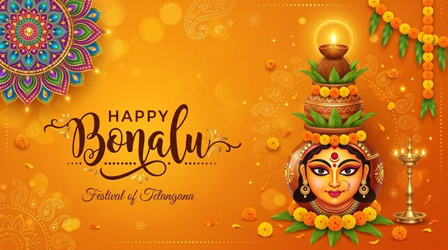 Happy Bonalu, traditional Telugu Festival in Telangana State, Hyderabad, Secunderabad. Bonalu Panduga Subakanshalu. Pots and Indian flowers on Rangoli mandala background