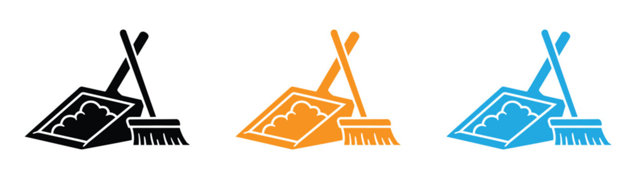 broom and dustpan silhouette vector icon with shiny sparkle stars for professional cleaning service emblem logo. Cleaning broom and dustpan icon set - Minimalist glyph, linear, clipart, sticker.