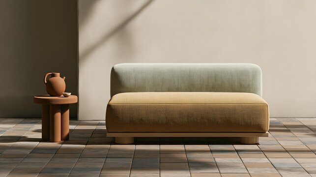 Modern two-tone fabric daybed sofa paired with round terracotta side table holding clay teapot placed on tiled floor against neutral wall in sunlit space