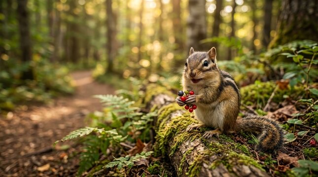 Cute chipmunk eating berries in a lush green forest with sunlit trees and a path in the background.