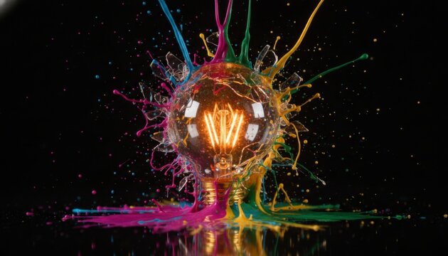 Colorful paint splashes bursting around a glowing light bulb on a dark background