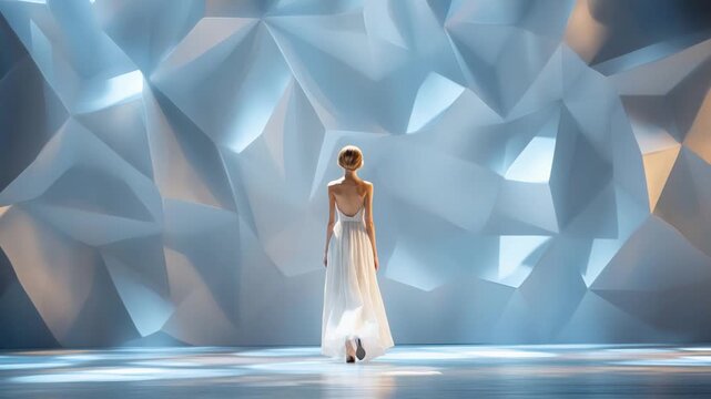 Elegant woman in white dress against abstract geometric backdrop with soft lighting