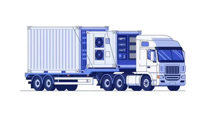Flat Vector Illustration of a Semi-Truck with a Refrigerated Shipping Container, Mobile Cooling Unit for Logistics and Supply Chain Management
