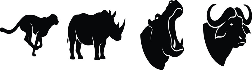 Black silhouette icons of African wild animals including running cheetah rhinoceros yawning hippo and buffalo © Mdjoshelahamed4400 
