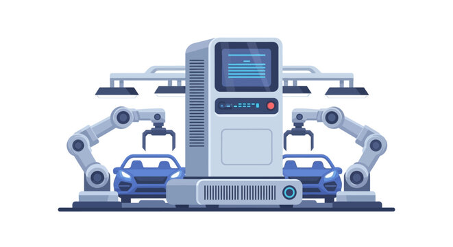 Automated Car Assembly Line with Robotic Arms and Control Terminal in Smart Factory Illustration