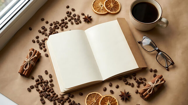 Open notebook and coffee cup with aromatic spices arranged on textured surface