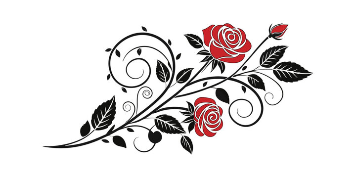 Elegant Red Rose Floral Vector Vignette with Black Swirls