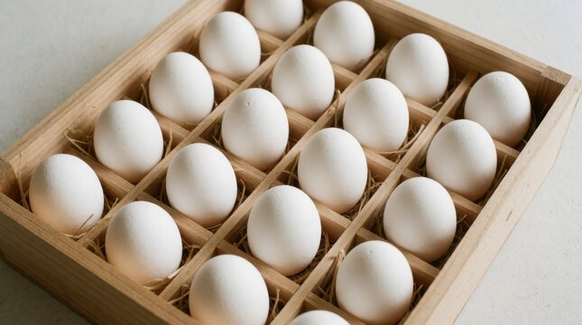 Fresh White Eggs Arranged Neatly in a Wooden Box with Straw Nesting