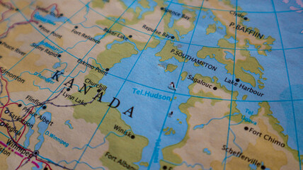 Naklejka premium Map of Hudson Bay in northeastern Canada which is connected to the Atlantic and Arctic Oceans