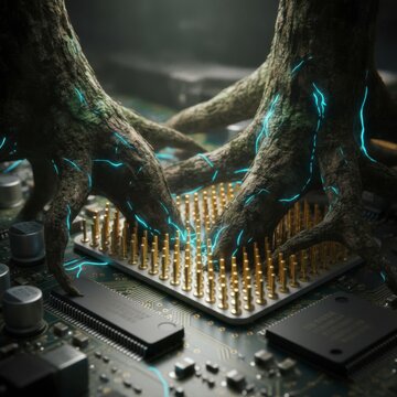 Tree roots intertwining with a computer processor, symbolizing the fusion of nature and technology in a surreal environment with glowing blue energy