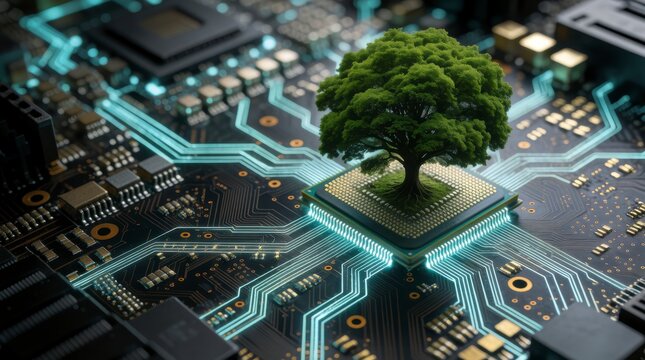 A vibrant green tree growing from a computer circuit board, symbolizing the fusion of nature and technology