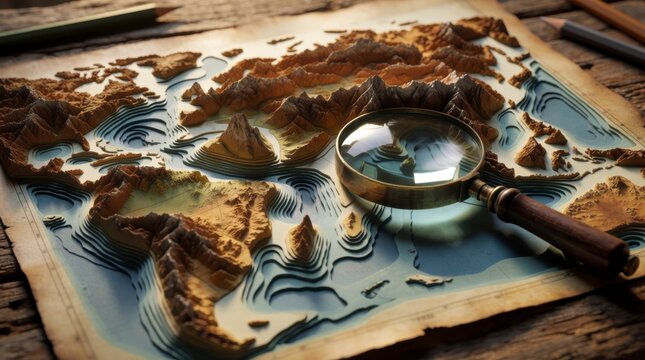 Detailed 3D Topographic Map of the World with Magnifying Glass on Wooden Table