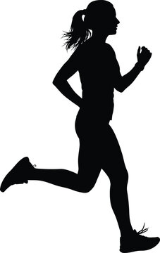 Silhouette of a female runner in motion on a white background